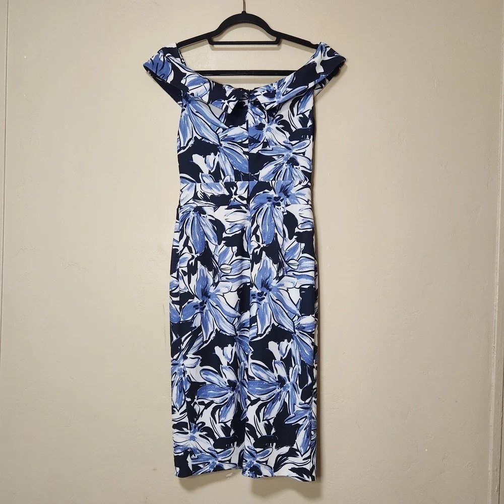 Joseph Ribkoff Off Shoulder Blue Floral Sheath Dress Size Small